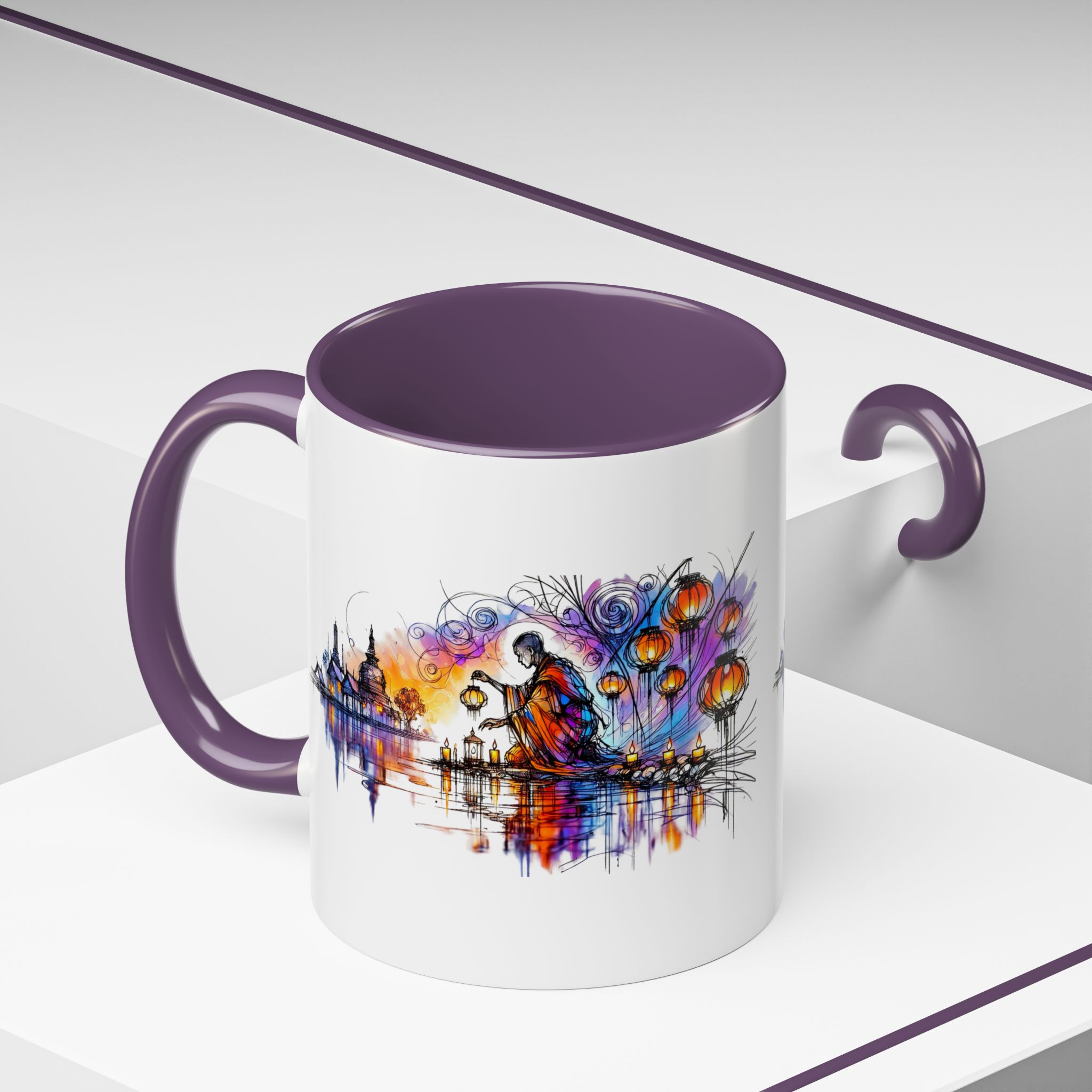Artistic mug featuring a colorful design with lanterns and a figure by a water body, complemented by a purple handle.