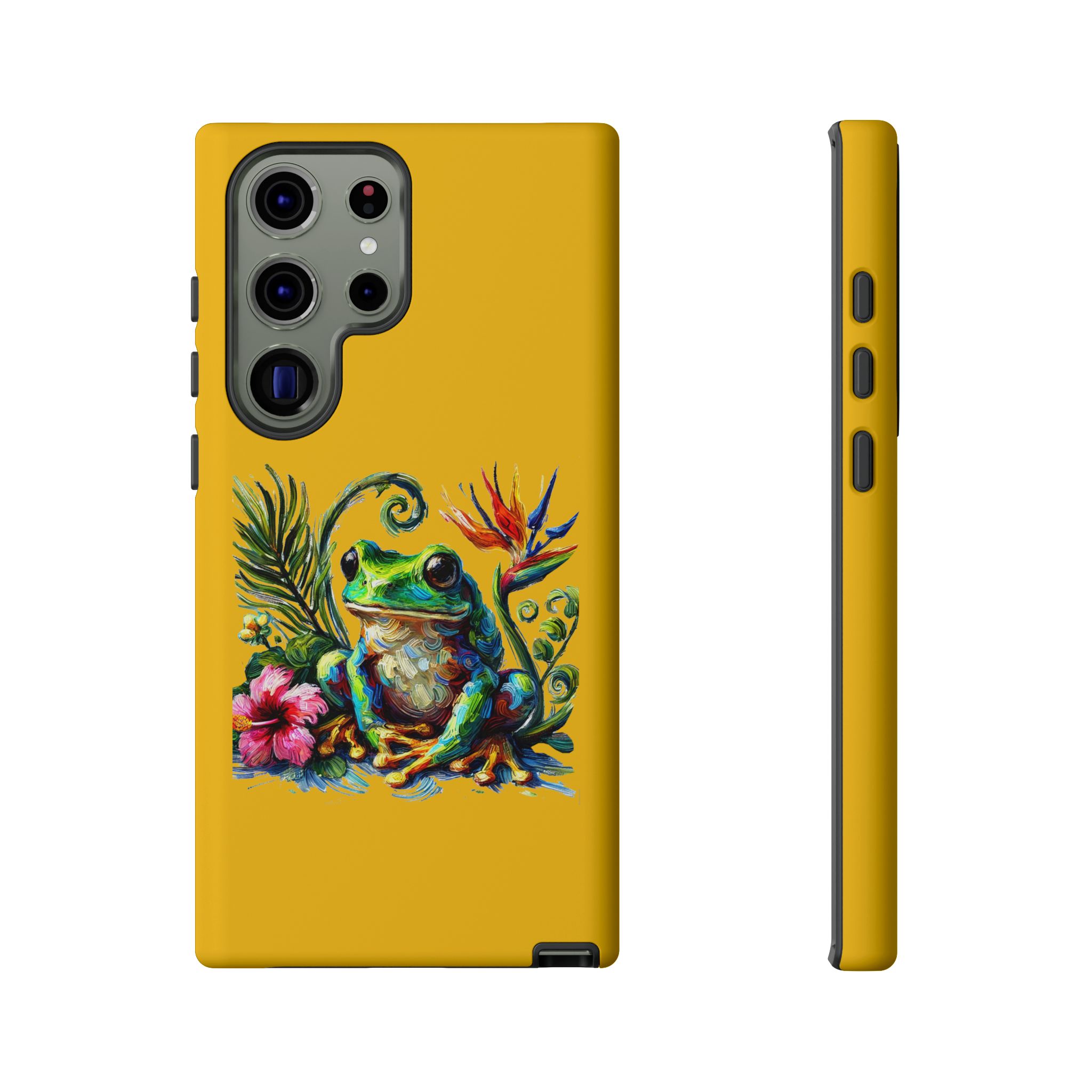 Phone case featuring a colorful frog surrounded by tropical flowers and leaves on a yellow background.