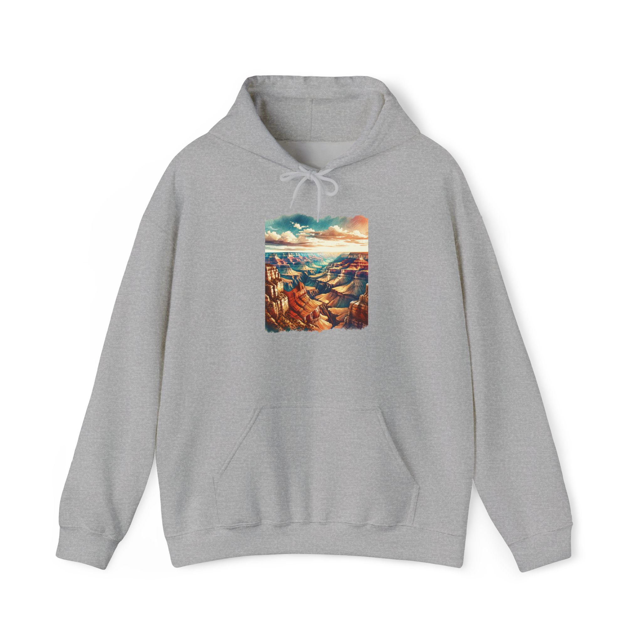 Gray hoodie featuring a graphic of the Grand Canyon landscape on the front.