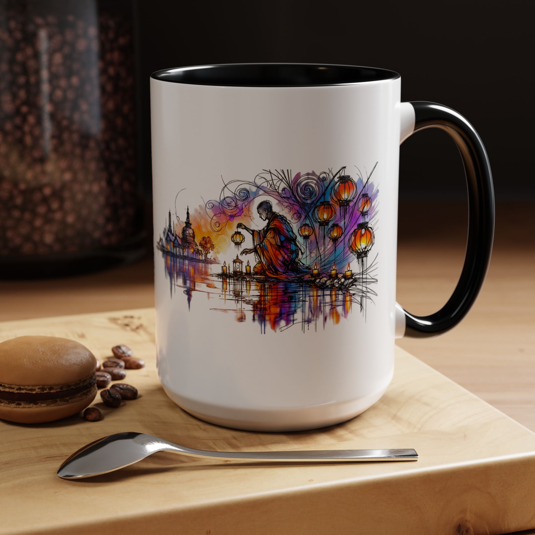 Artistic coffee mug featuring a colorful design of a person by a river with lanterns and buildings.