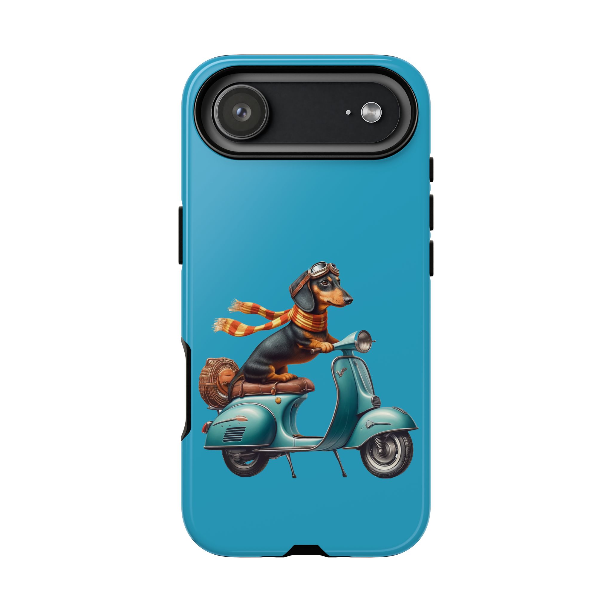 Dachshund wearing goggles and a scarf riding a vintage scooter on a blue background.