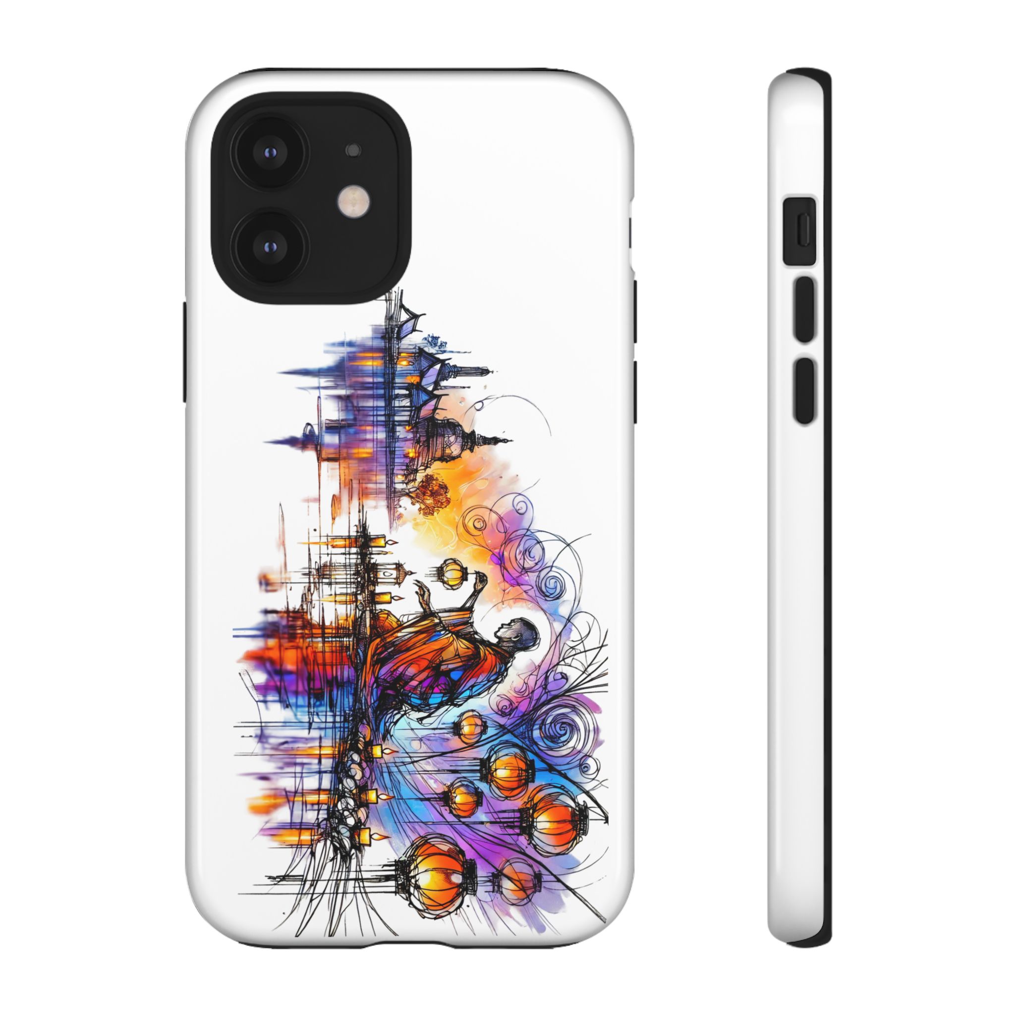 Artistic phone case design featuring vibrant colors and abstract illustrations.