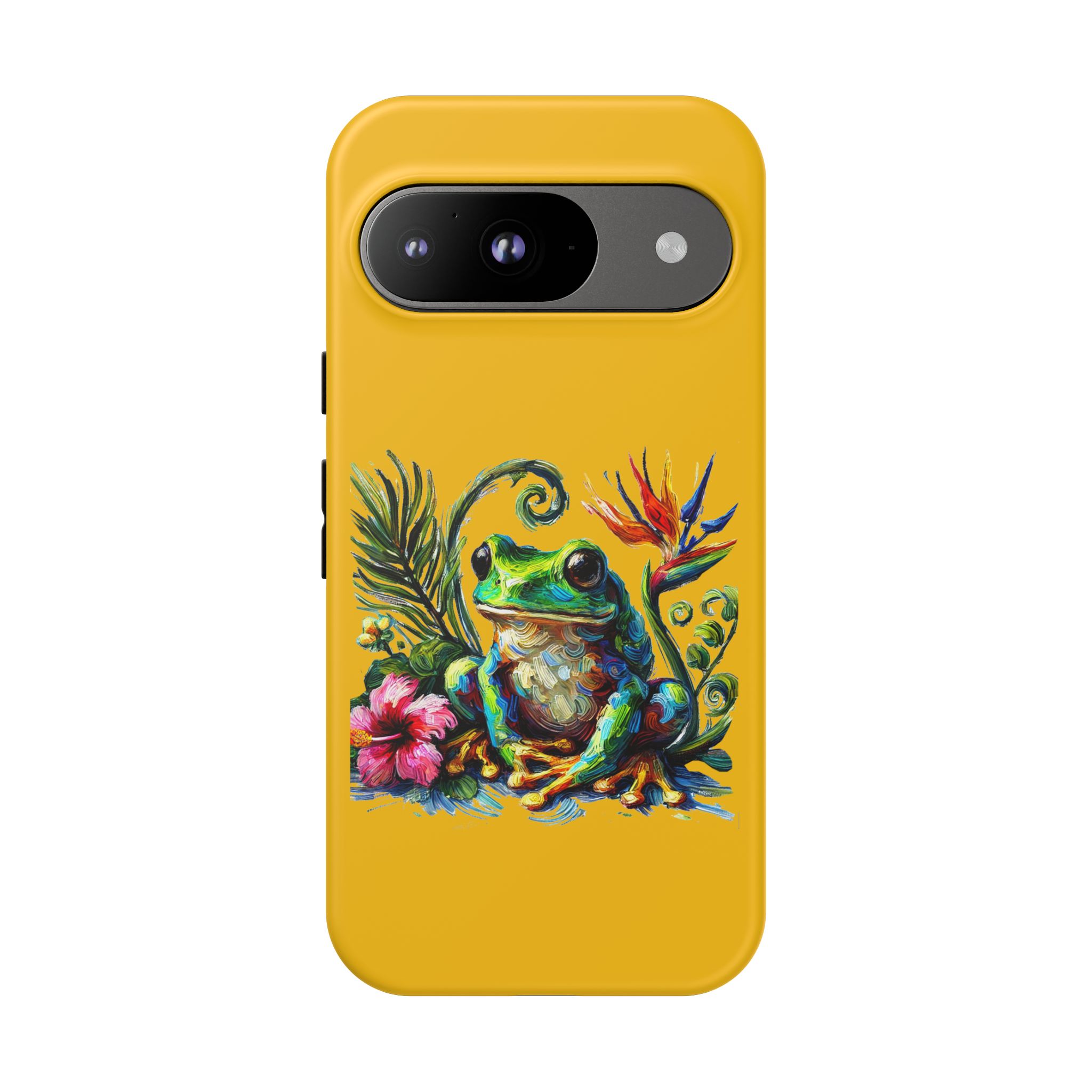 A vibrant yellow phone case featuring a detailed illustration of a frog surrounded by tropical plants and flowers.