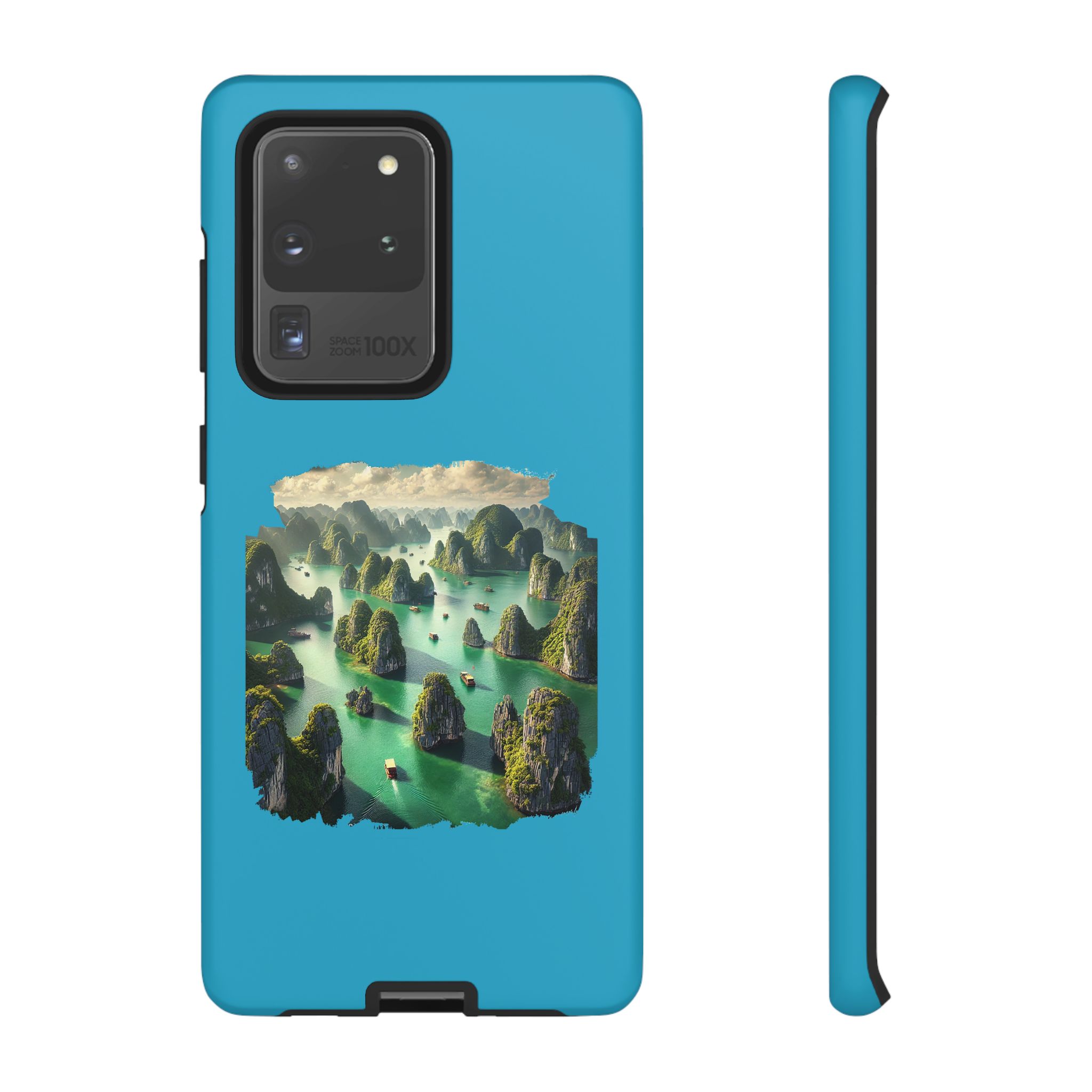 Phone case featuring a vibrant landscape design with mountains and water.