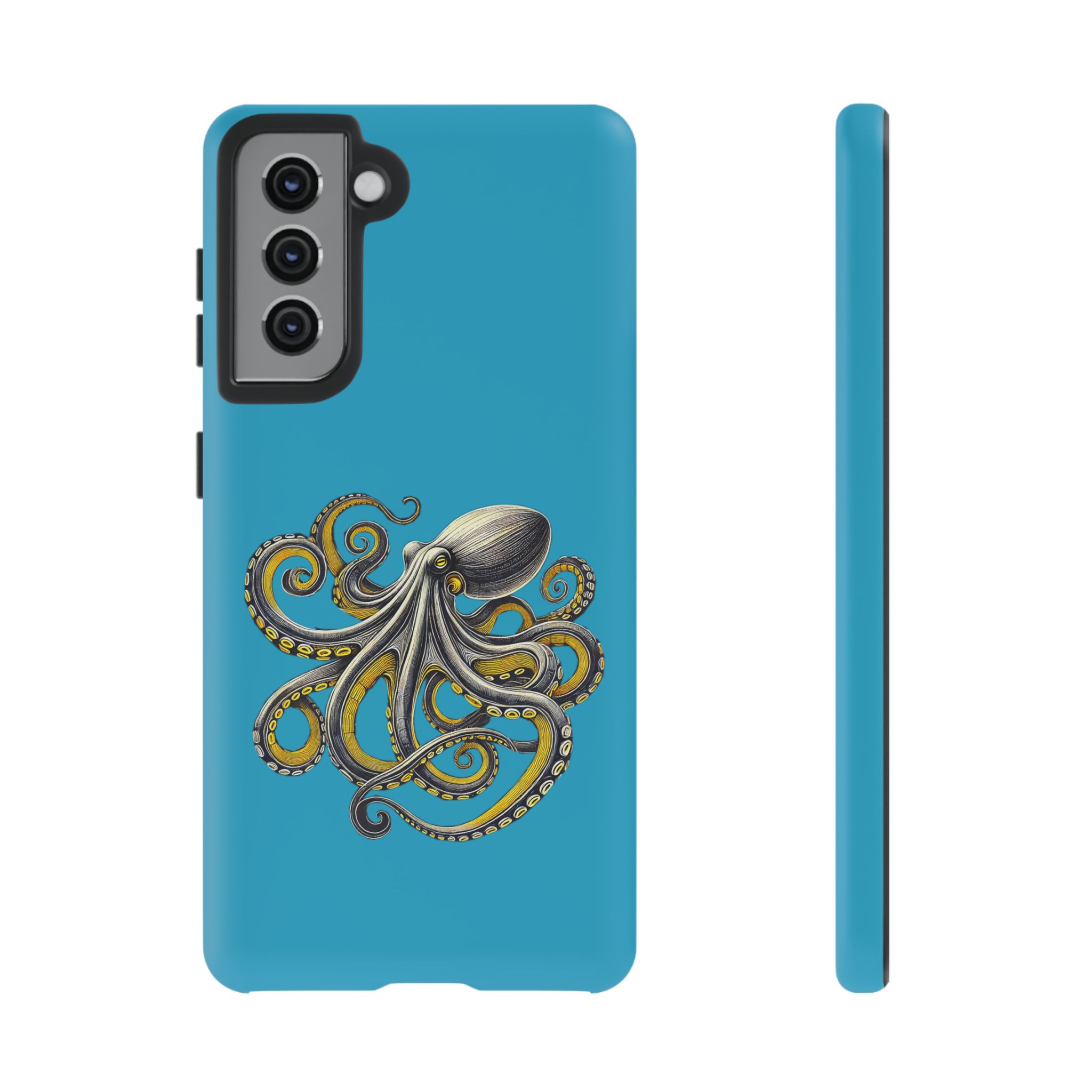 Phone case with an octopus design on a blue background featuring intricate details.