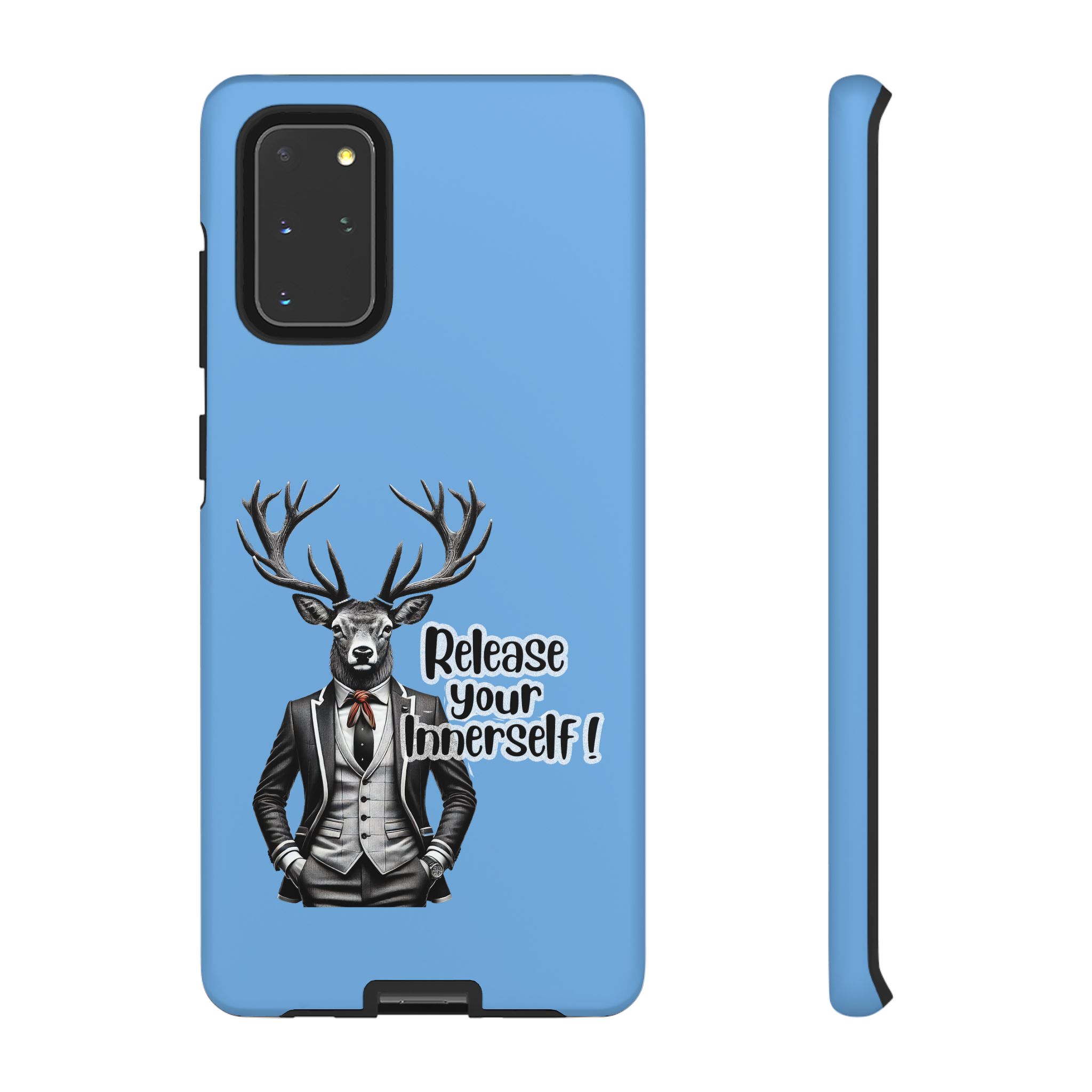 Blue phone case featuring a deer in a suit with the text 'Release your Innerself'.