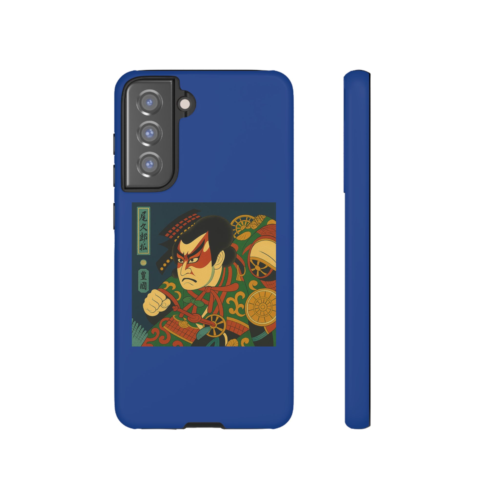 Blue phone case featuring a samurai illustration with traditional Japanese elements.