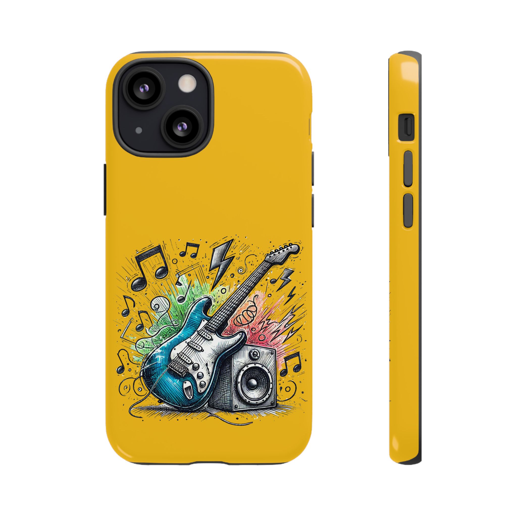 Yellow phone case featuring a blue electric guitar, speakers, and musical notes in a colorful design.