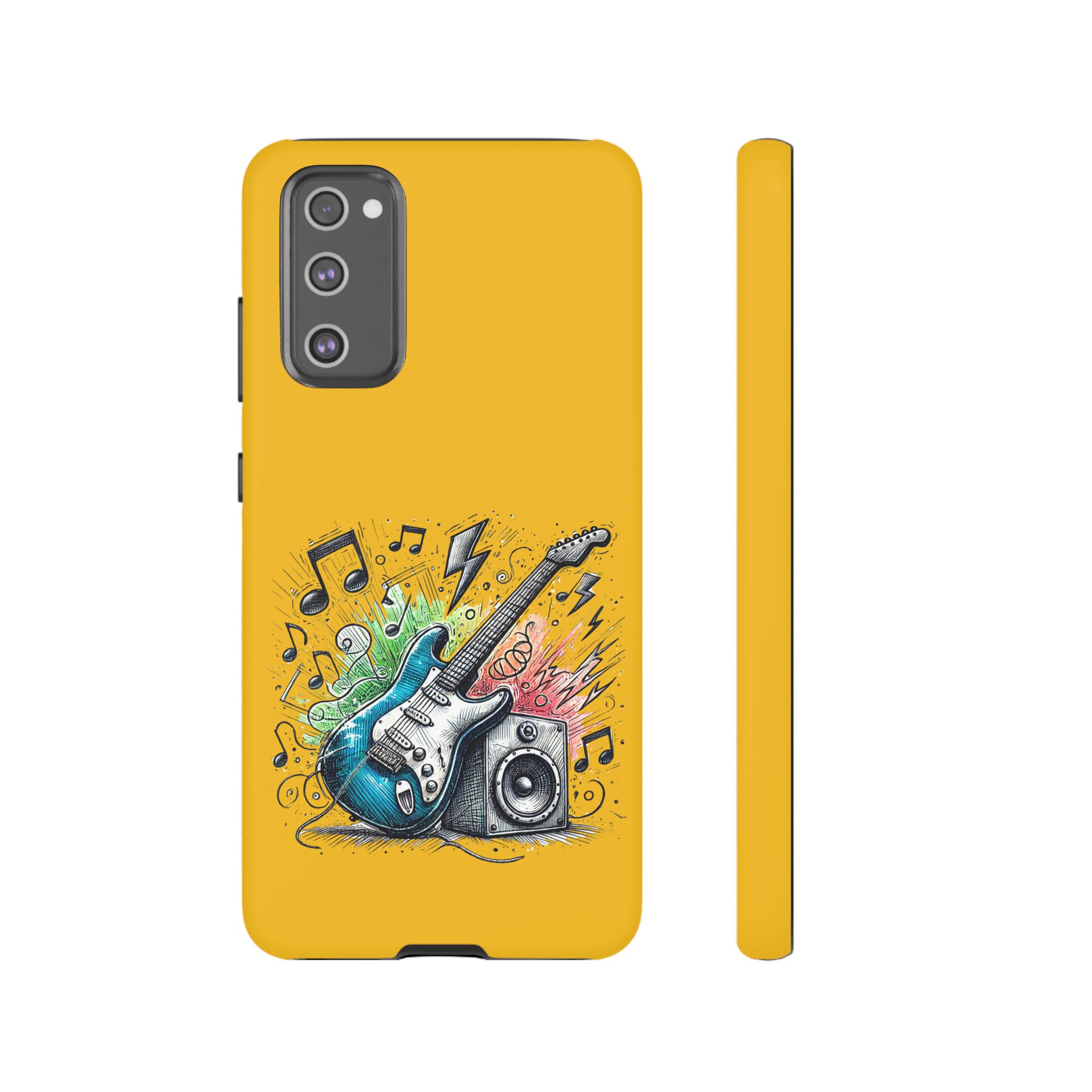 Yellow phone case featuring a blue electric guitar and speaker with musical notes and vibrant colors.