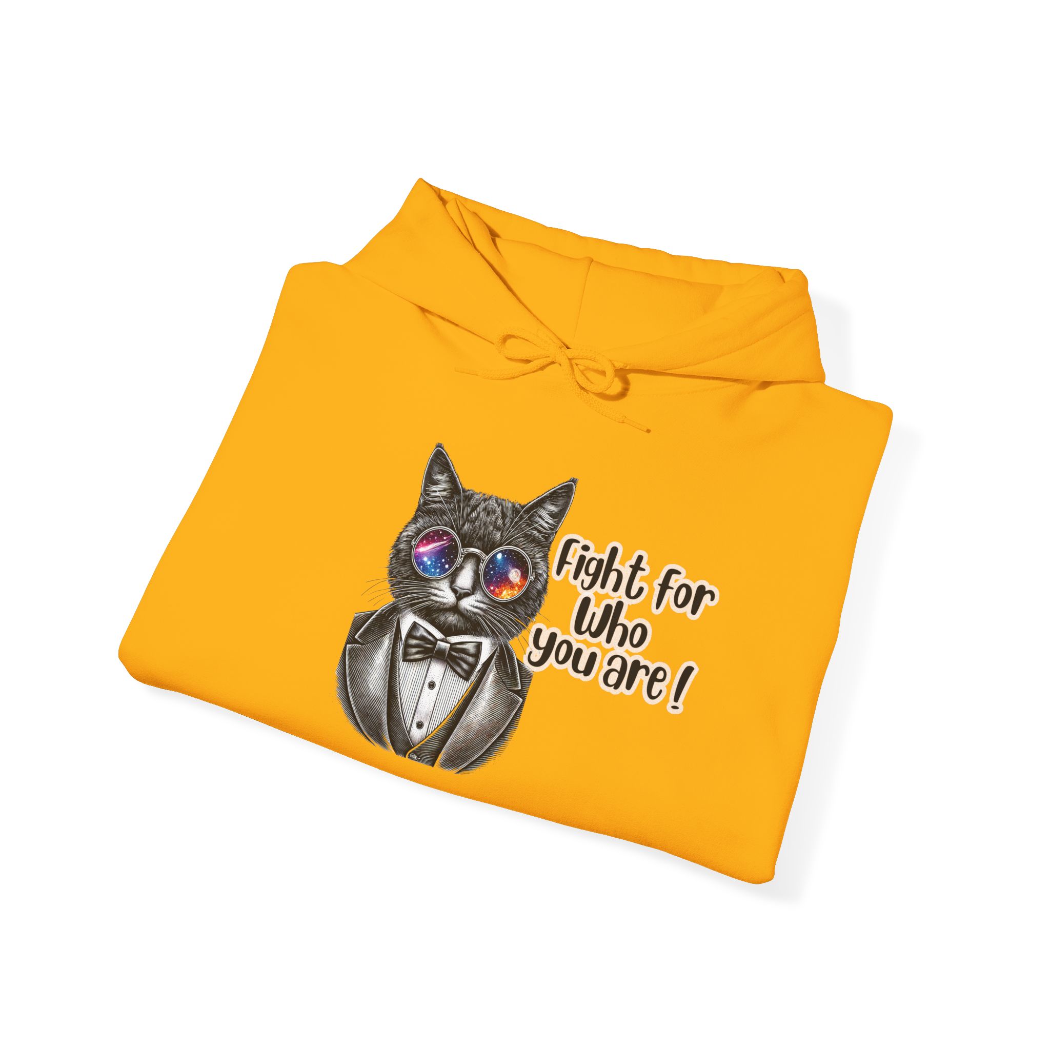 Yellow hoodie featuring a cat in a tuxedo with sunglasses and the text 'Fight for who you are!'