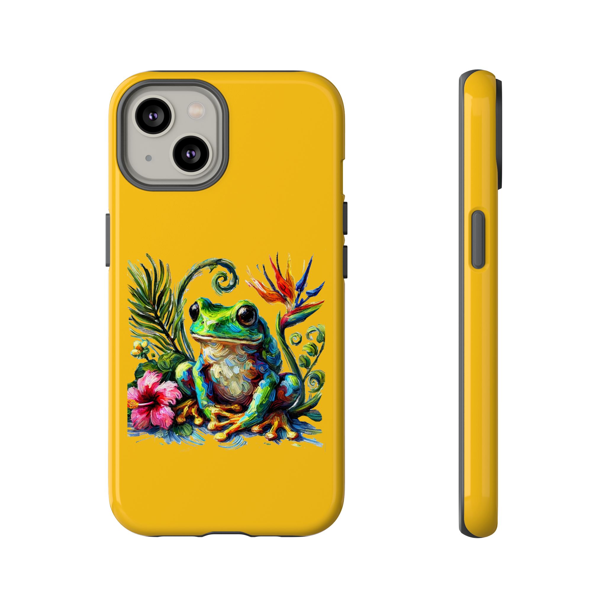 Bright yellow phone case featuring a colorful frog design with tropical flowers and leaves.