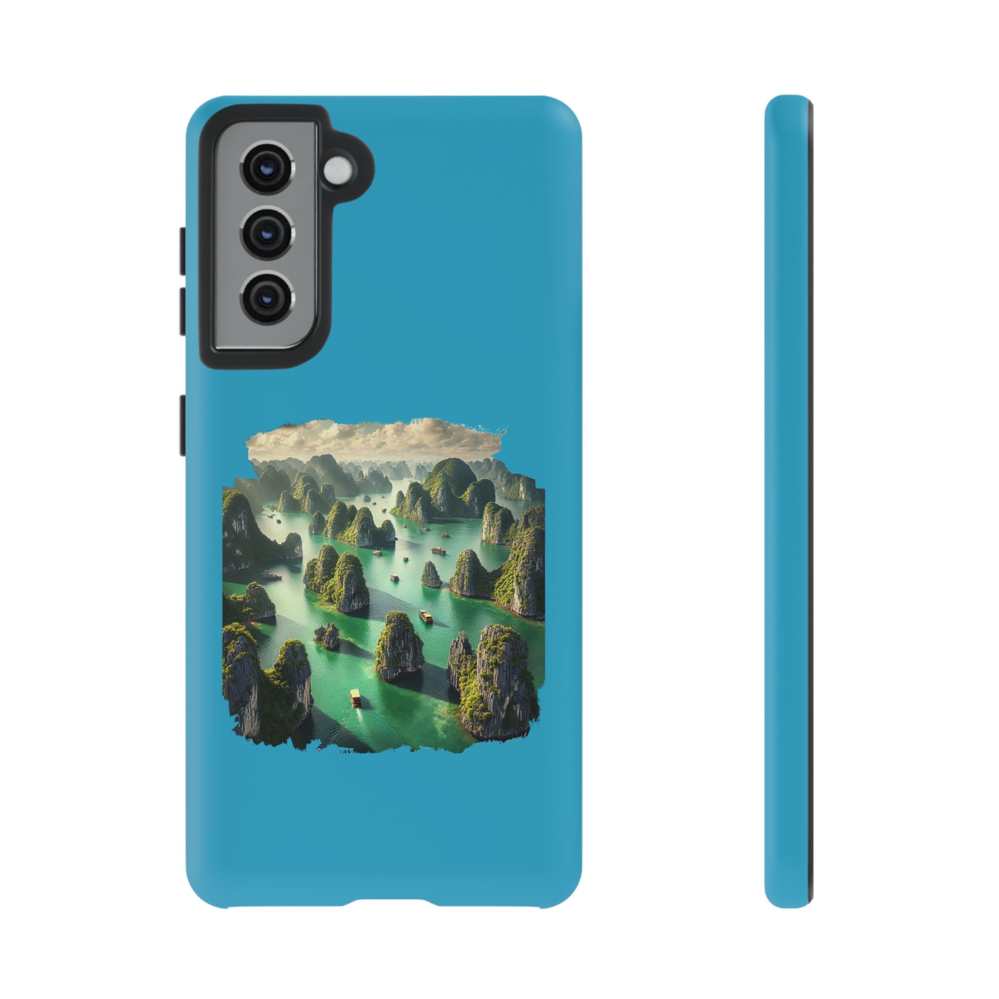 Phone case featuring a scenic landscape of green islands and boats on blue water.