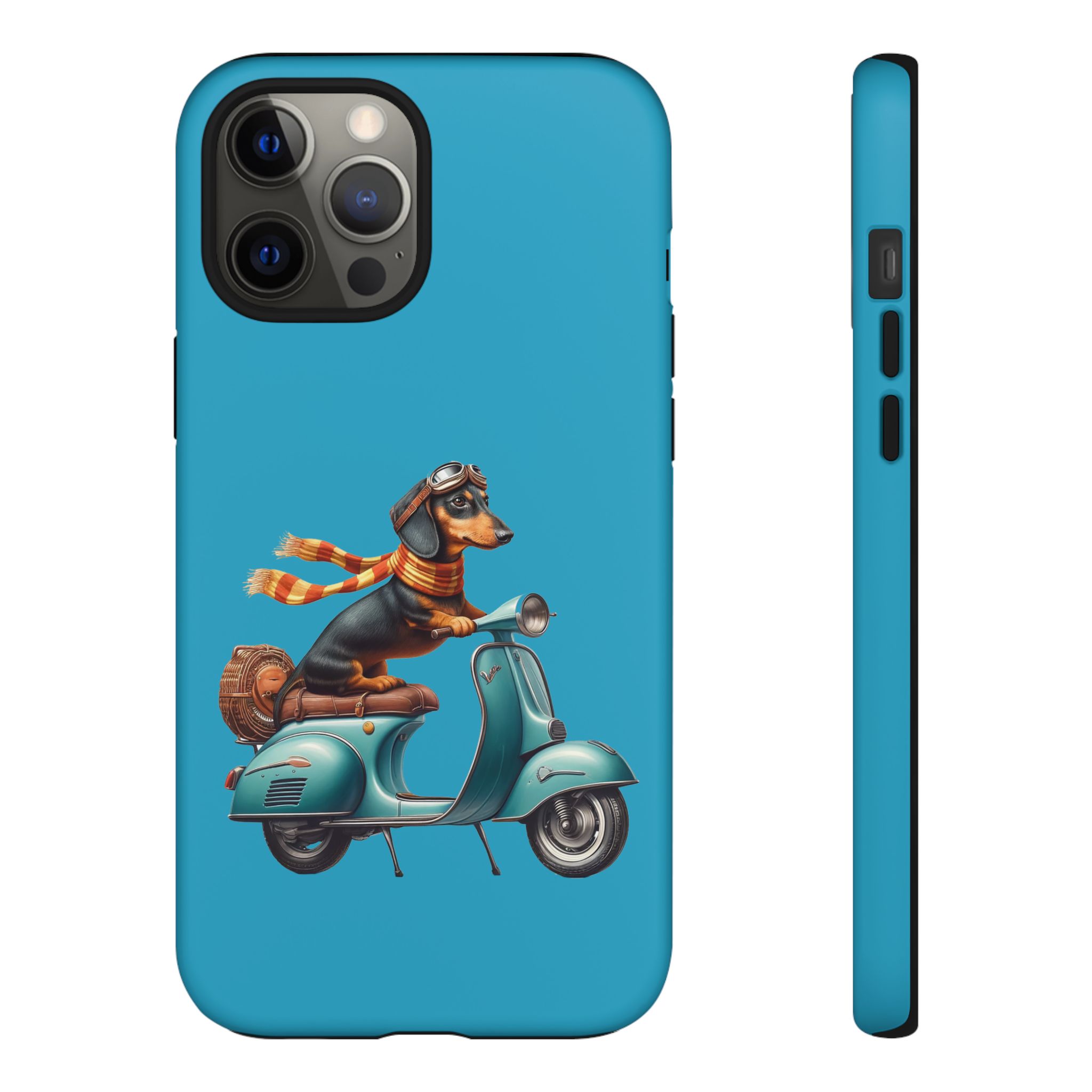 Dachshund wearing goggles and a scarf riding a vintage scooter on a blue background.