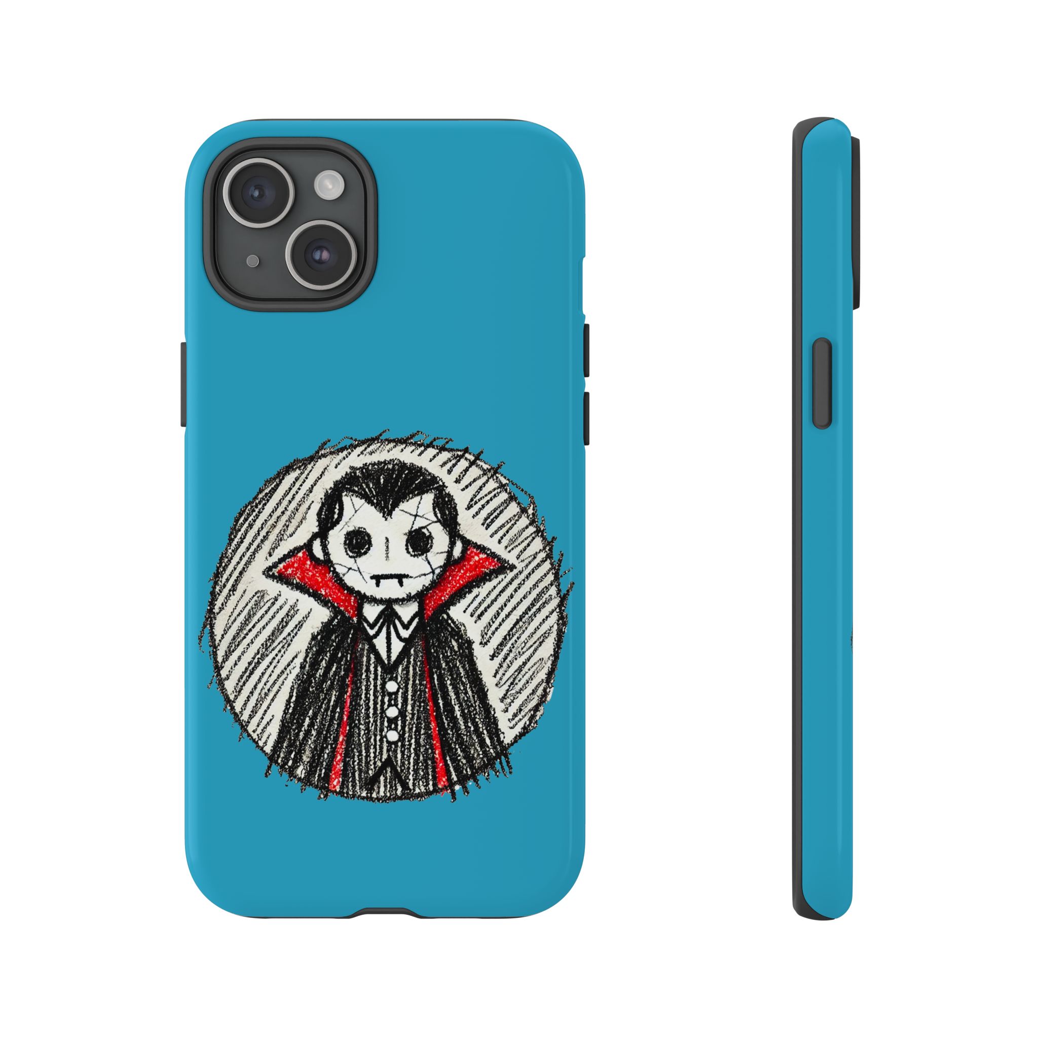 Blue phone case featuring a cartoon vampire character with a red cape and black suit.
