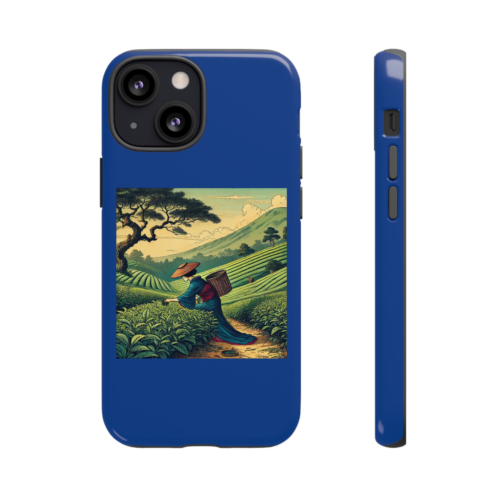 Blue phone case featuring an illustration of a tea plantation with a farmer carrying a basket.