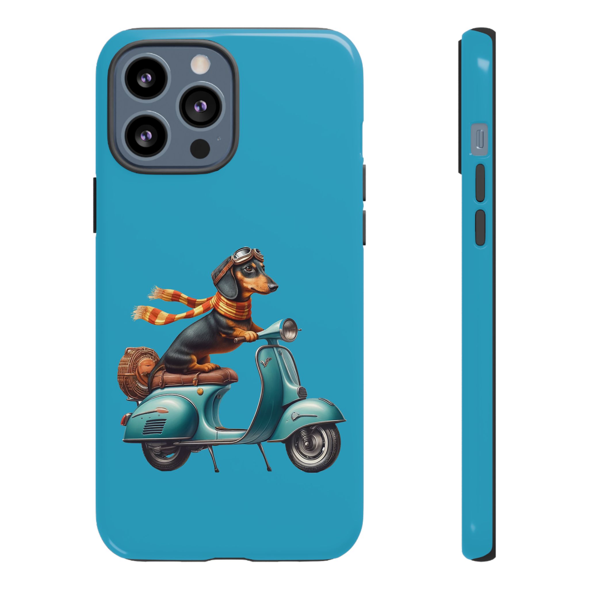 Dachshund wearing goggles and a scarf riding a blue scooter on a phone case design.