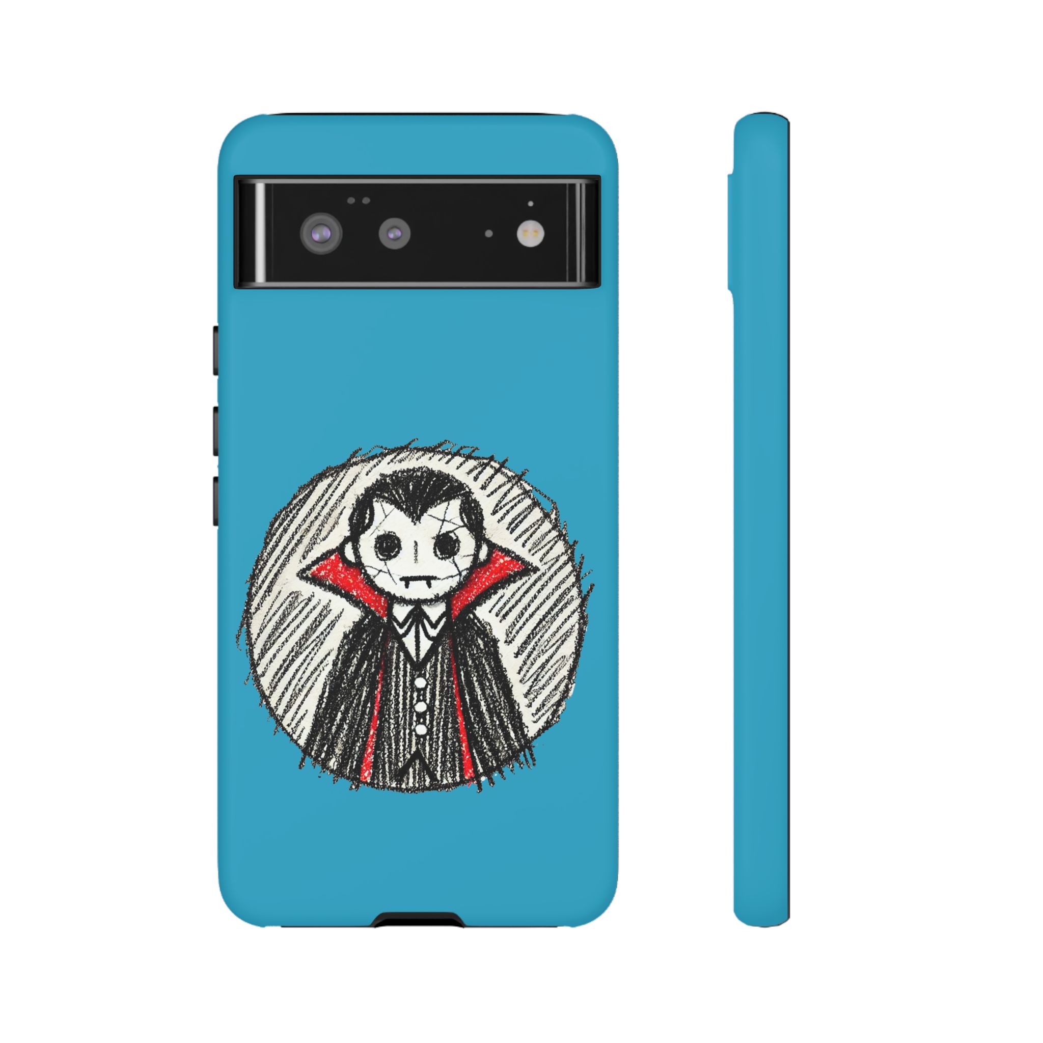 Phone case featuring a vampire character illustration on a blue background.