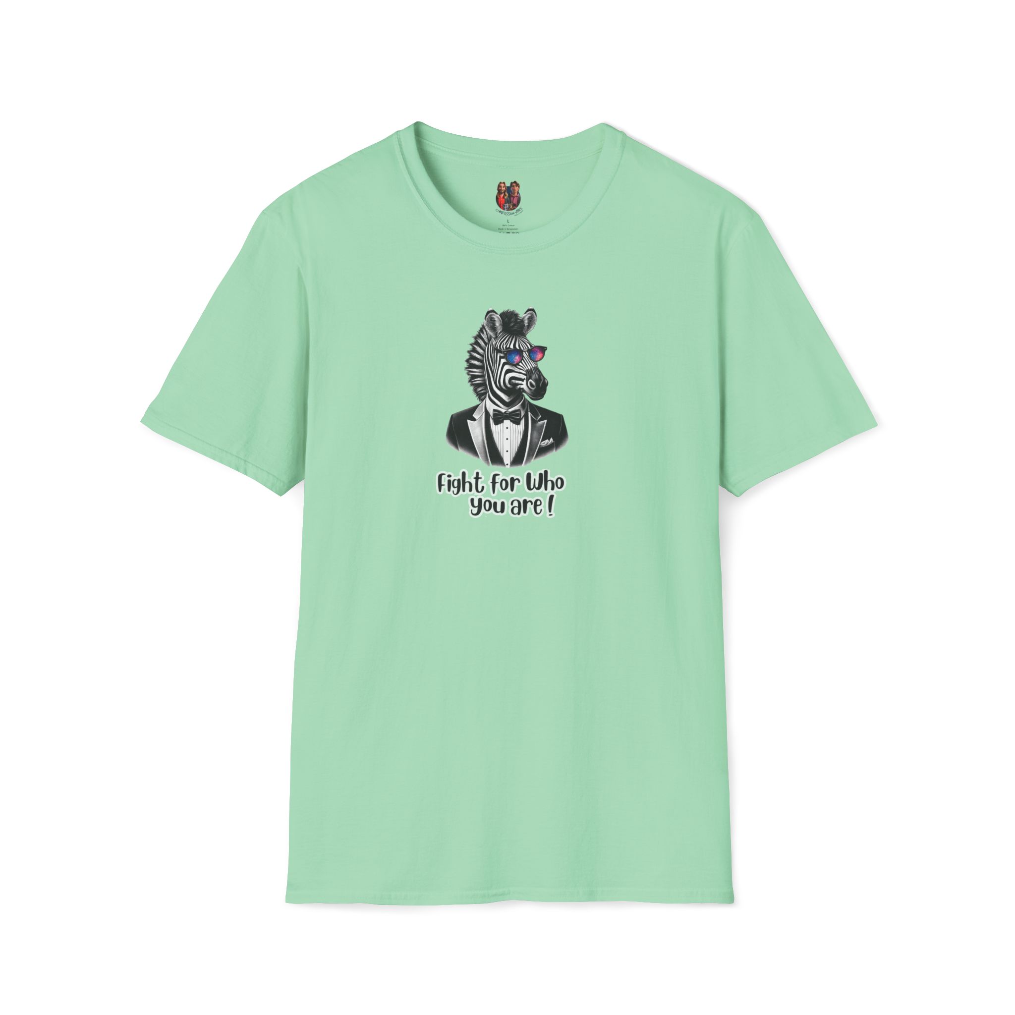 Mint green t-shirt featuring a zebra wearing sunglasses and a suit with the text 'Fight for Who you are!'