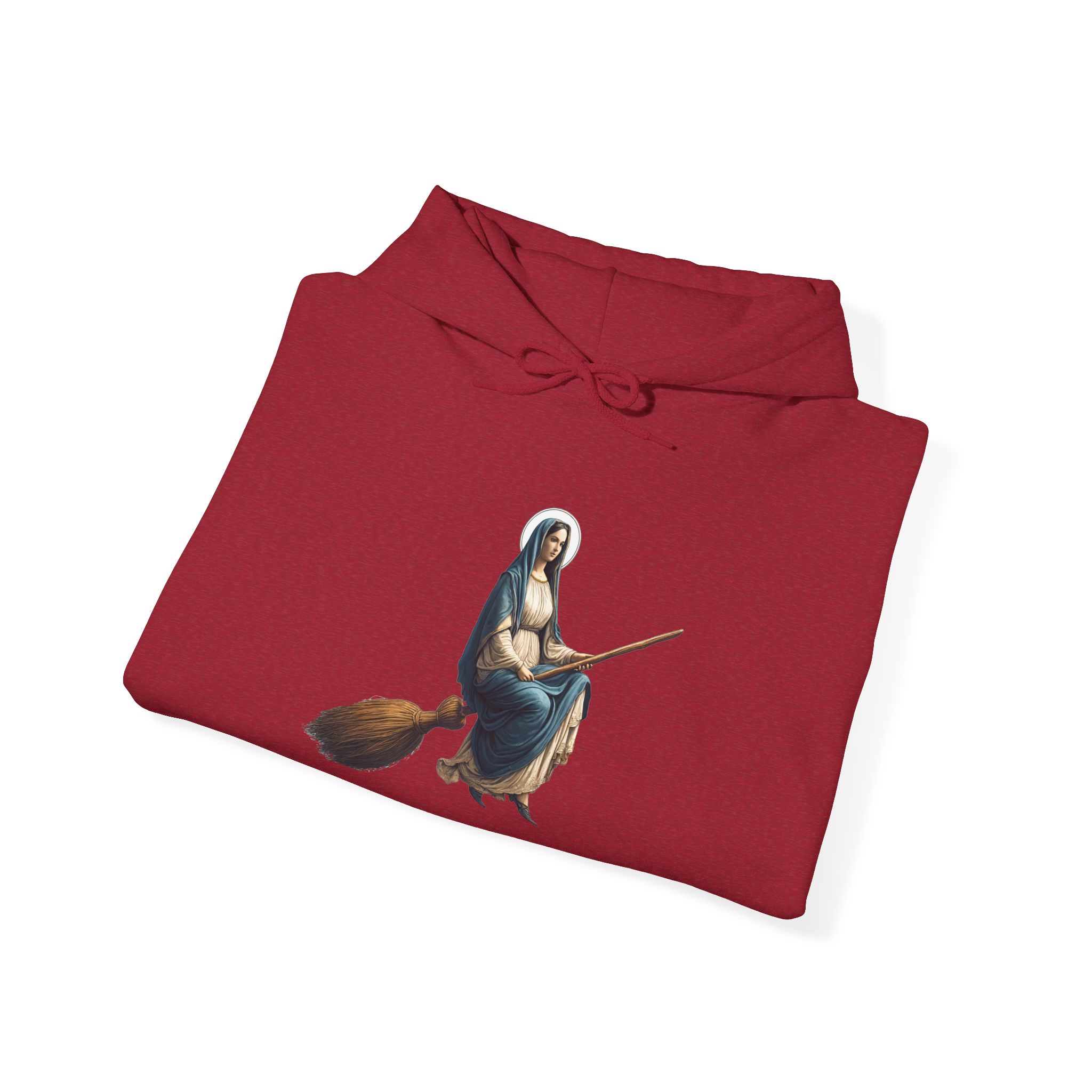 Red hoodie featuring an illustration of a witch riding a broomstick.