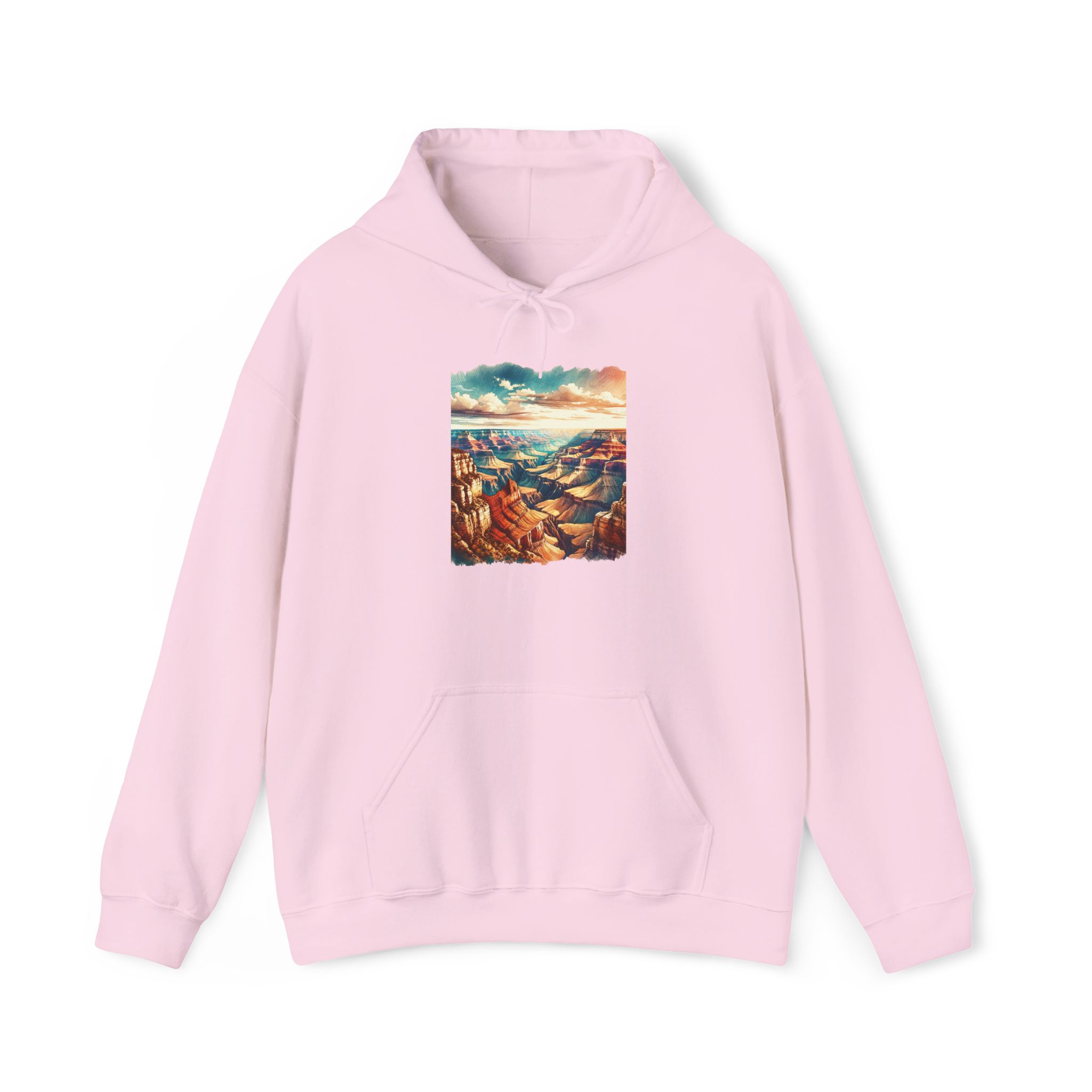 Pink hoodie featuring a graphic of the Grand Canyon landscape with colorful skies.