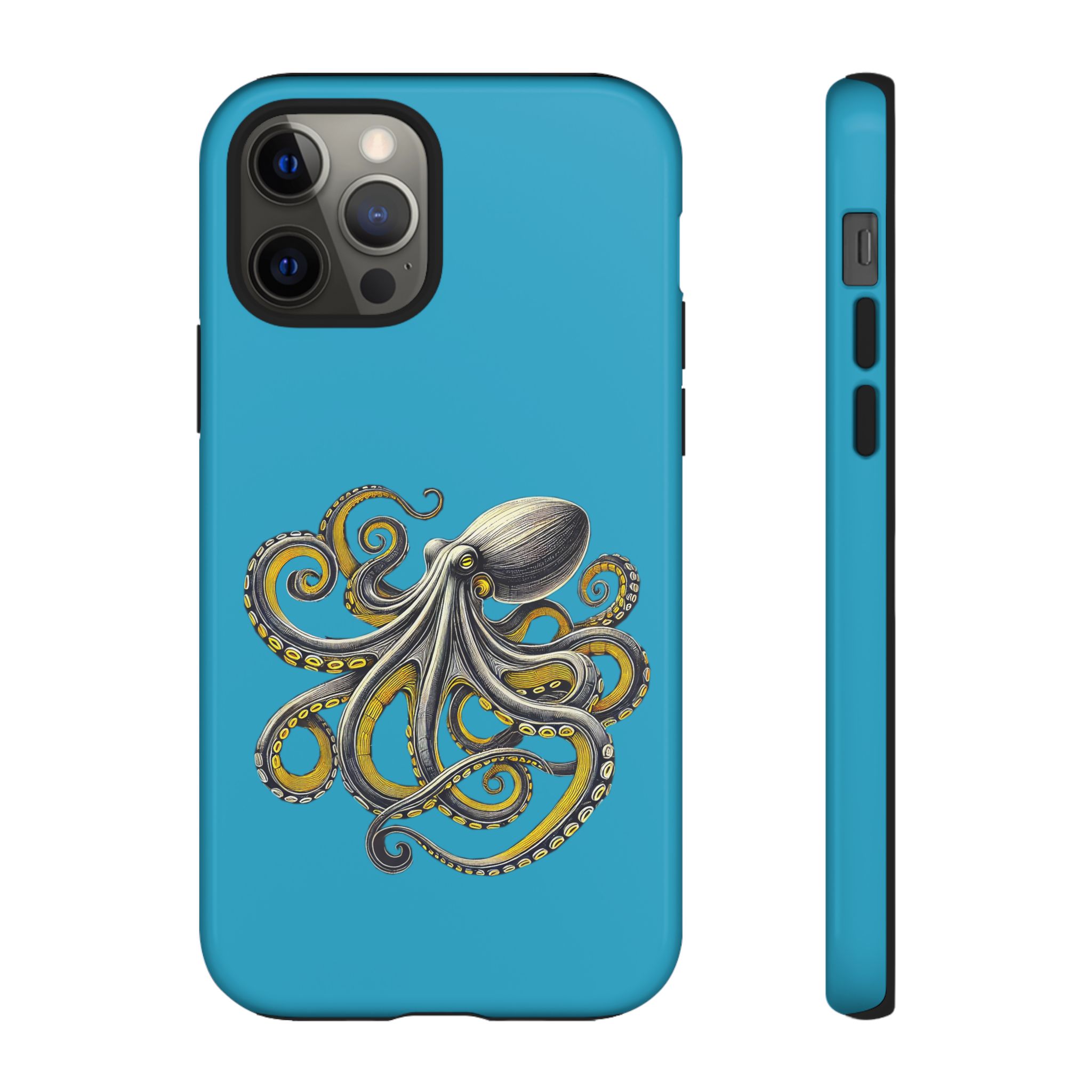 Phone case with an illustration of an octopus on a blue background.