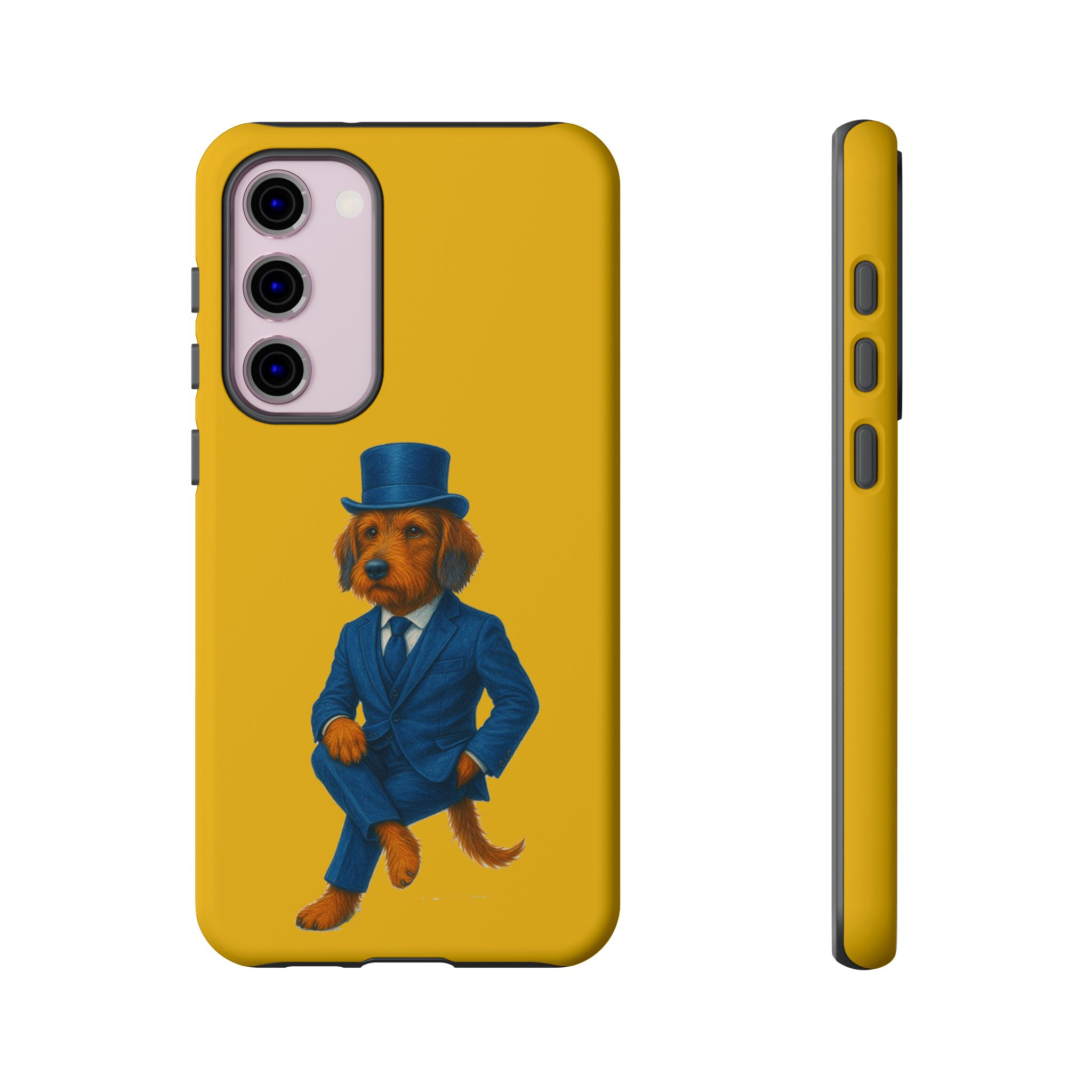 Phone case featuring a dog dressed in a blue suit and top hat against a yellow background.