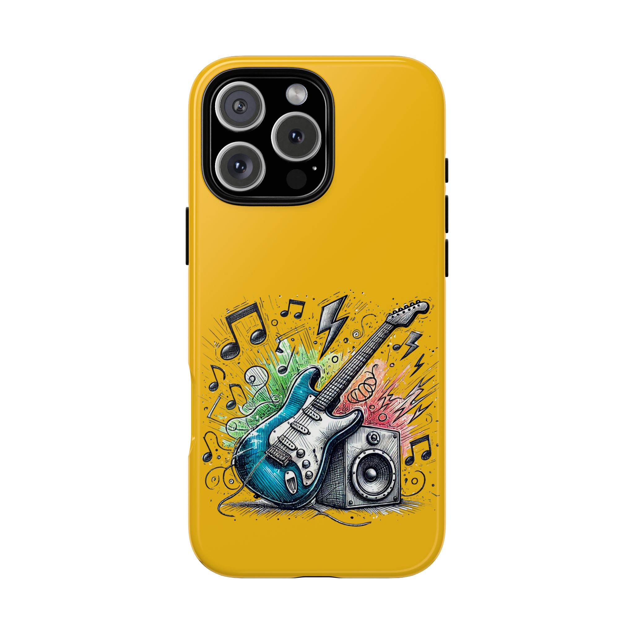 Phone case design featuring a blue electric guitar and speaker with musical notes and colorful elements.