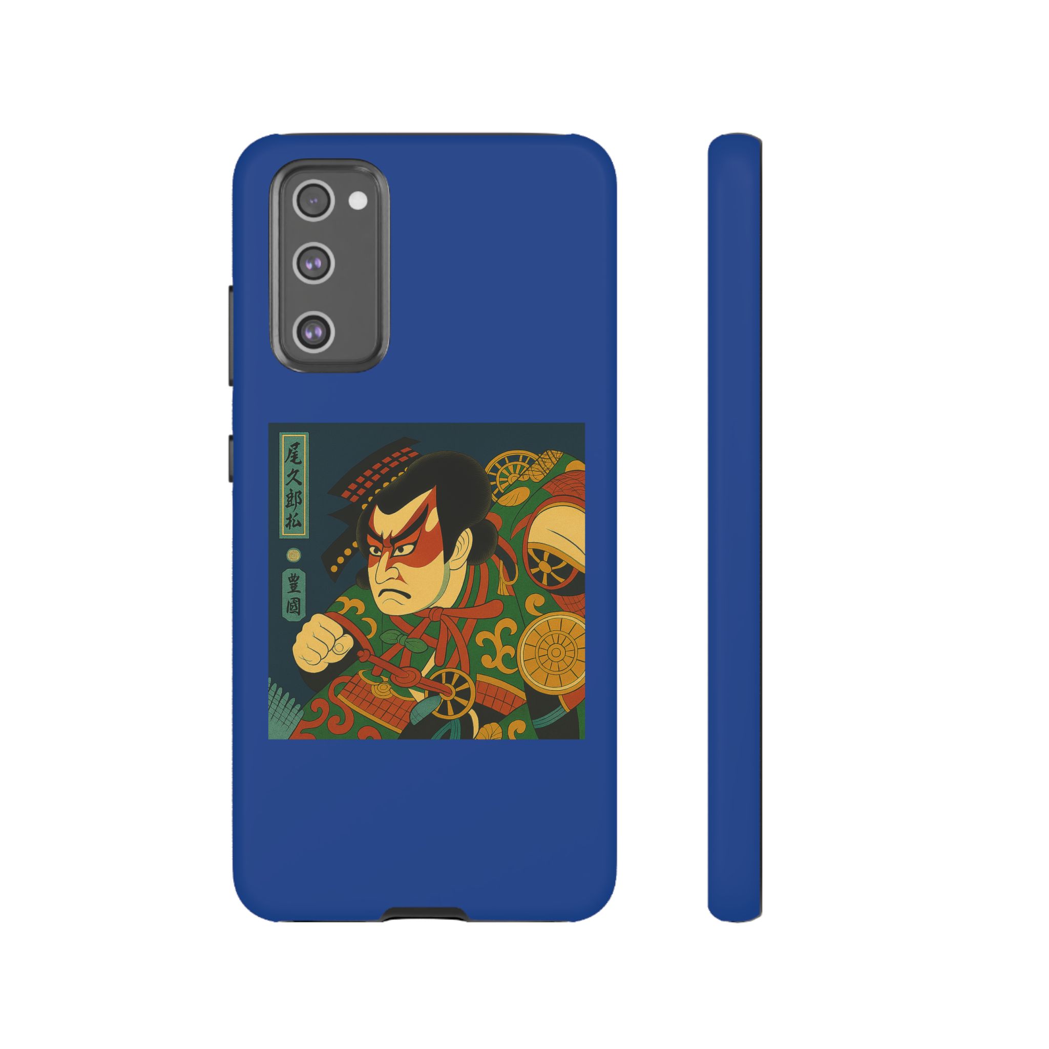 Blue phone case featuring a traditional samurai illustration with vibrant colors and intricate details.
