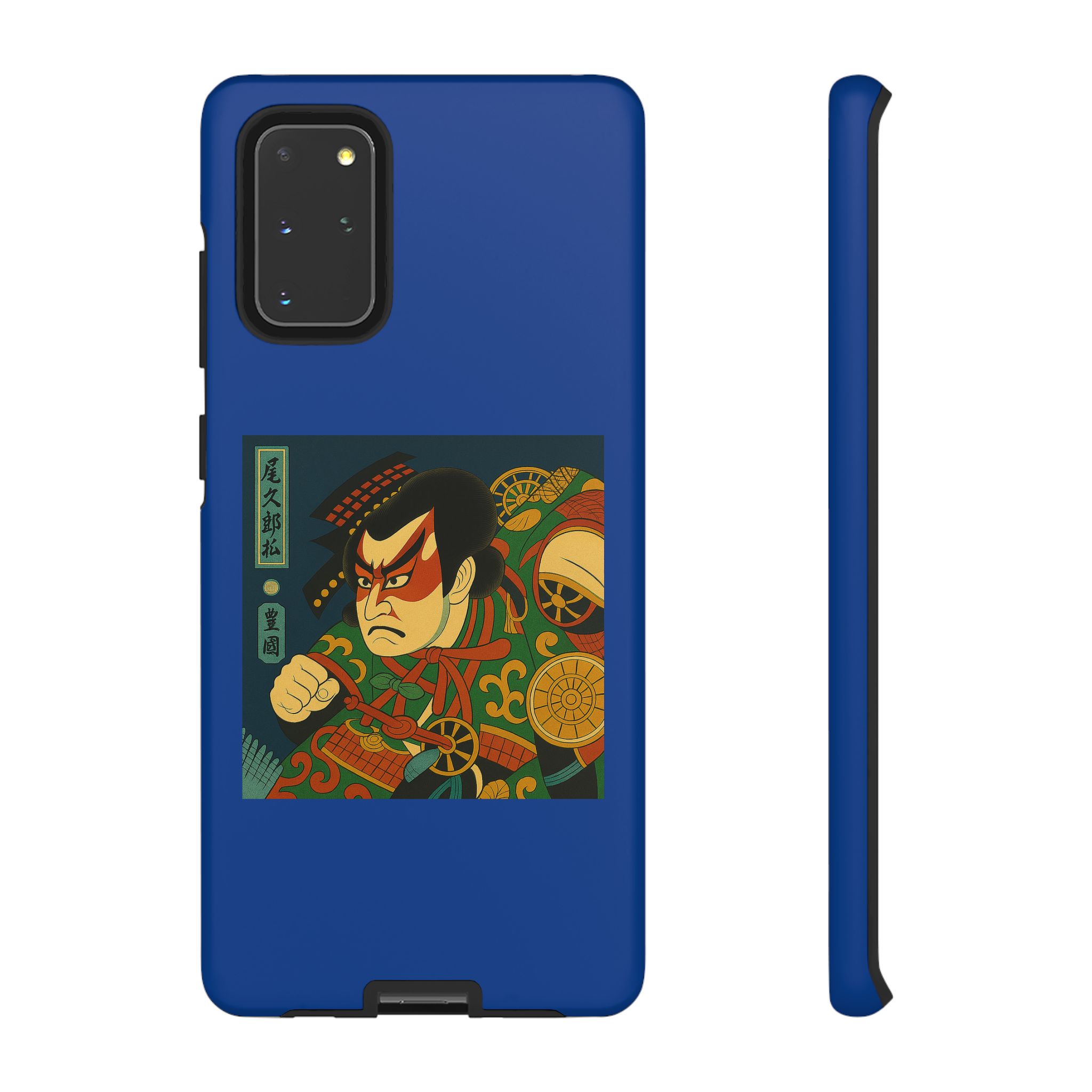 Blue phone case featuring a Japanese art design with a character in traditional attire and bold colors.