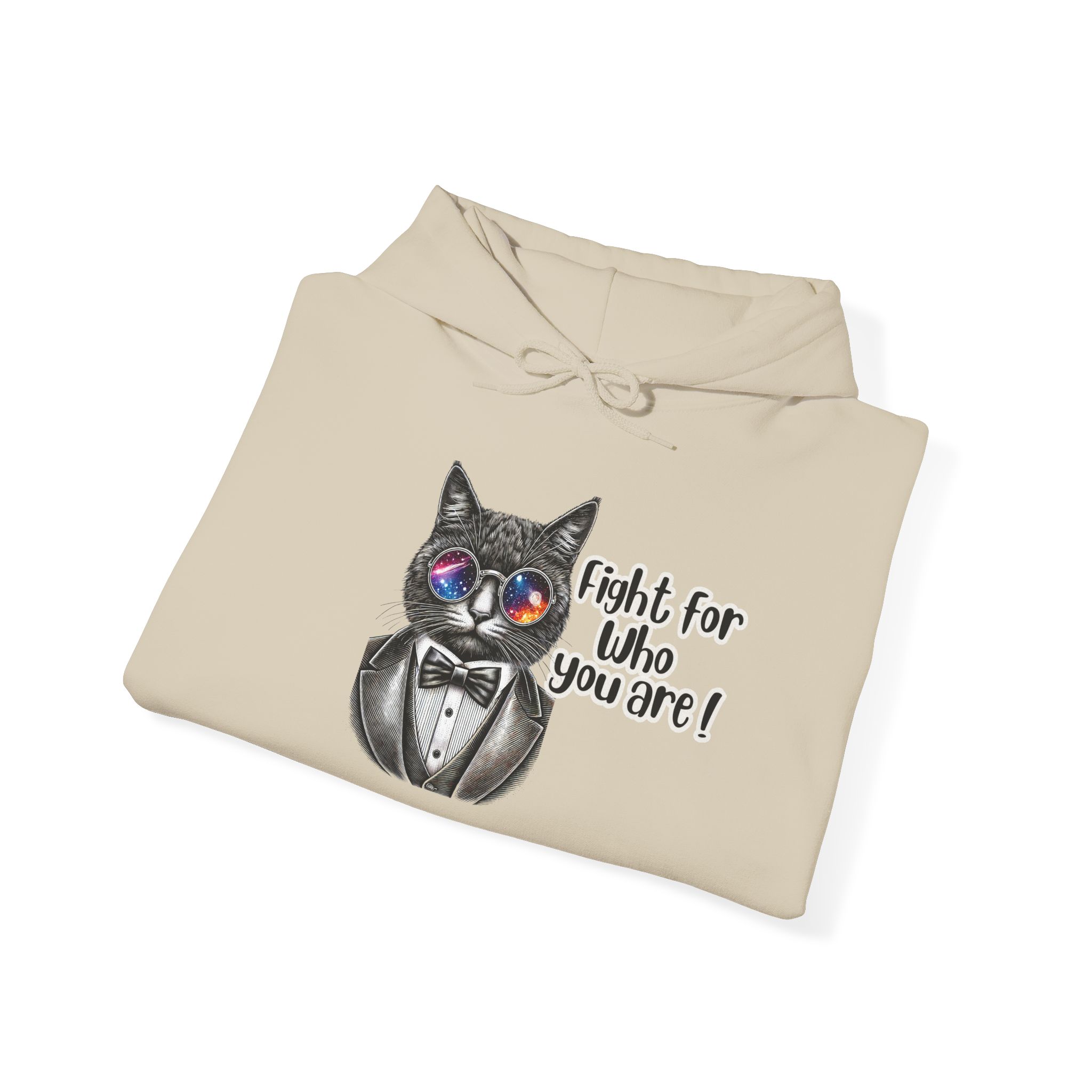 Beige hoodie featuring a graphic of a cat in a tuxedo with colorful glasses and the text 'Fight for Who You Are!'