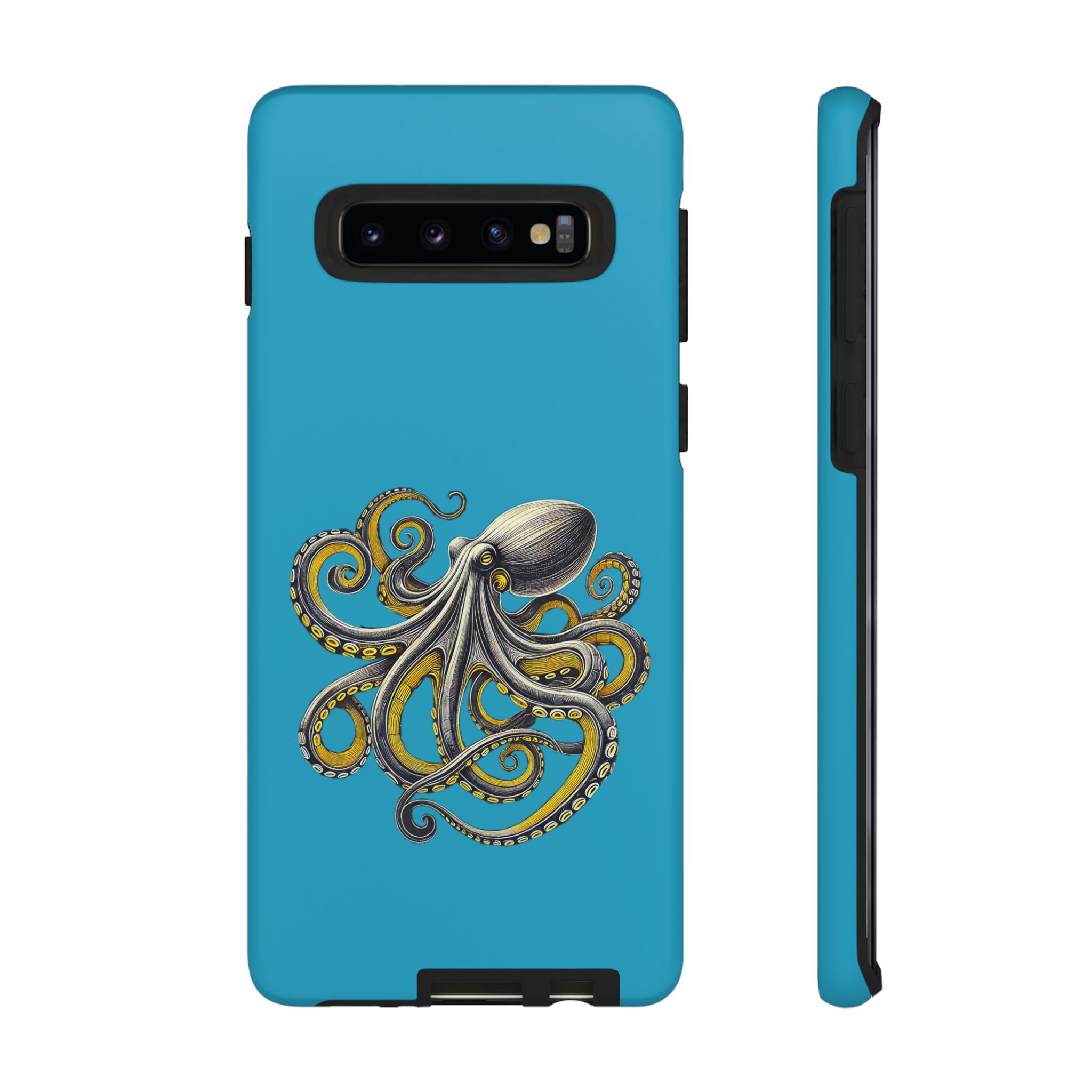 Phone case with a blue background featuring a detailed illustration of an octopus.