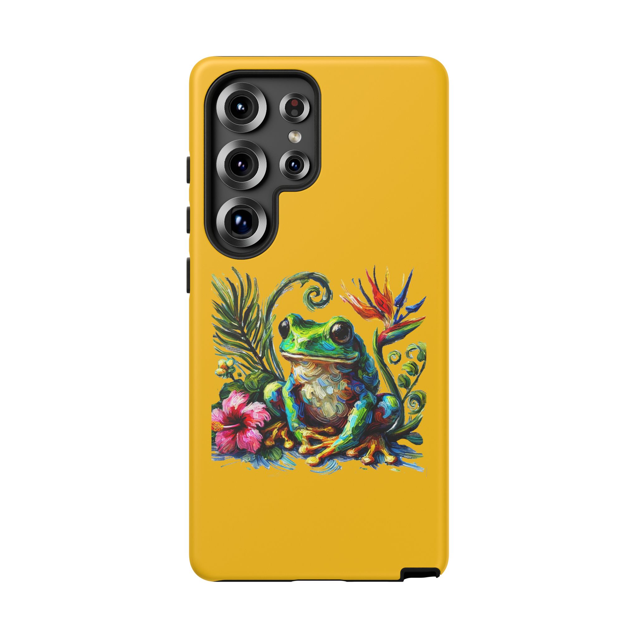 Bright yellow phone case featuring a colorful frog design with tropical flowers and leaves.