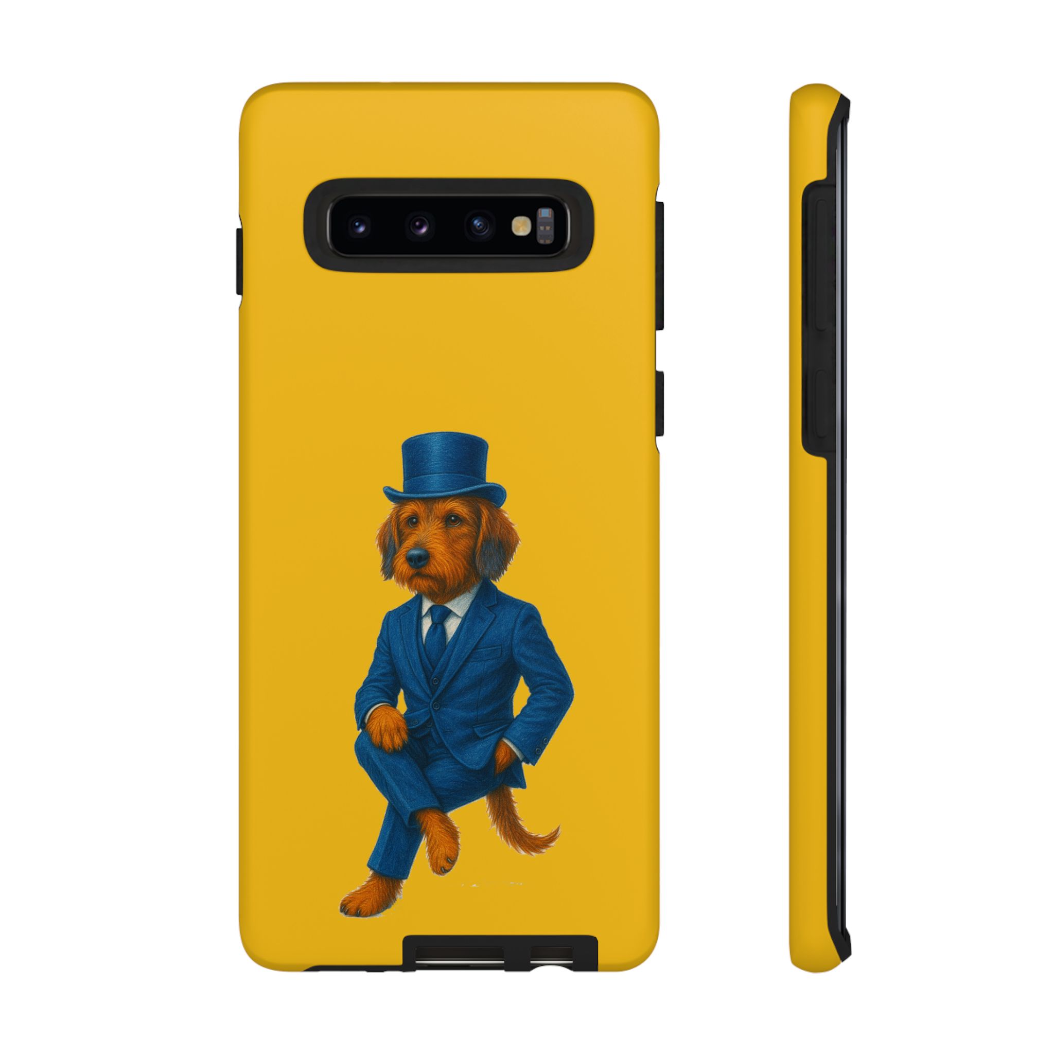 Phone case featuring a dog dressed in a blue suit and top hat against a yellow background.