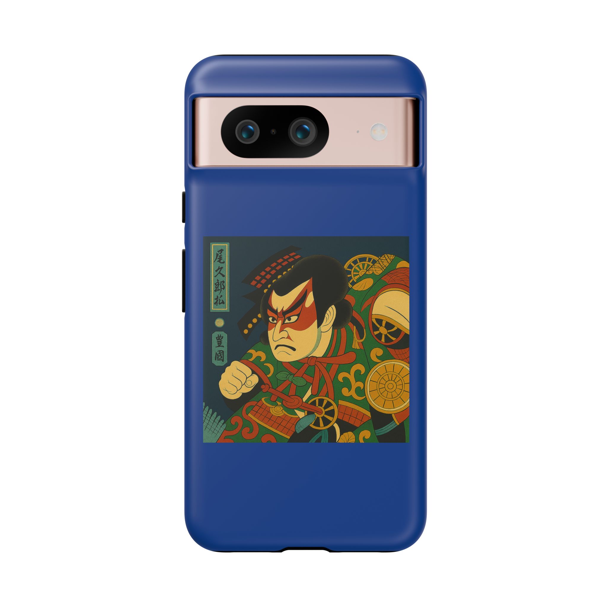 Blue phone case featuring traditional Japanese artwork of a warrior with a fierce expression.