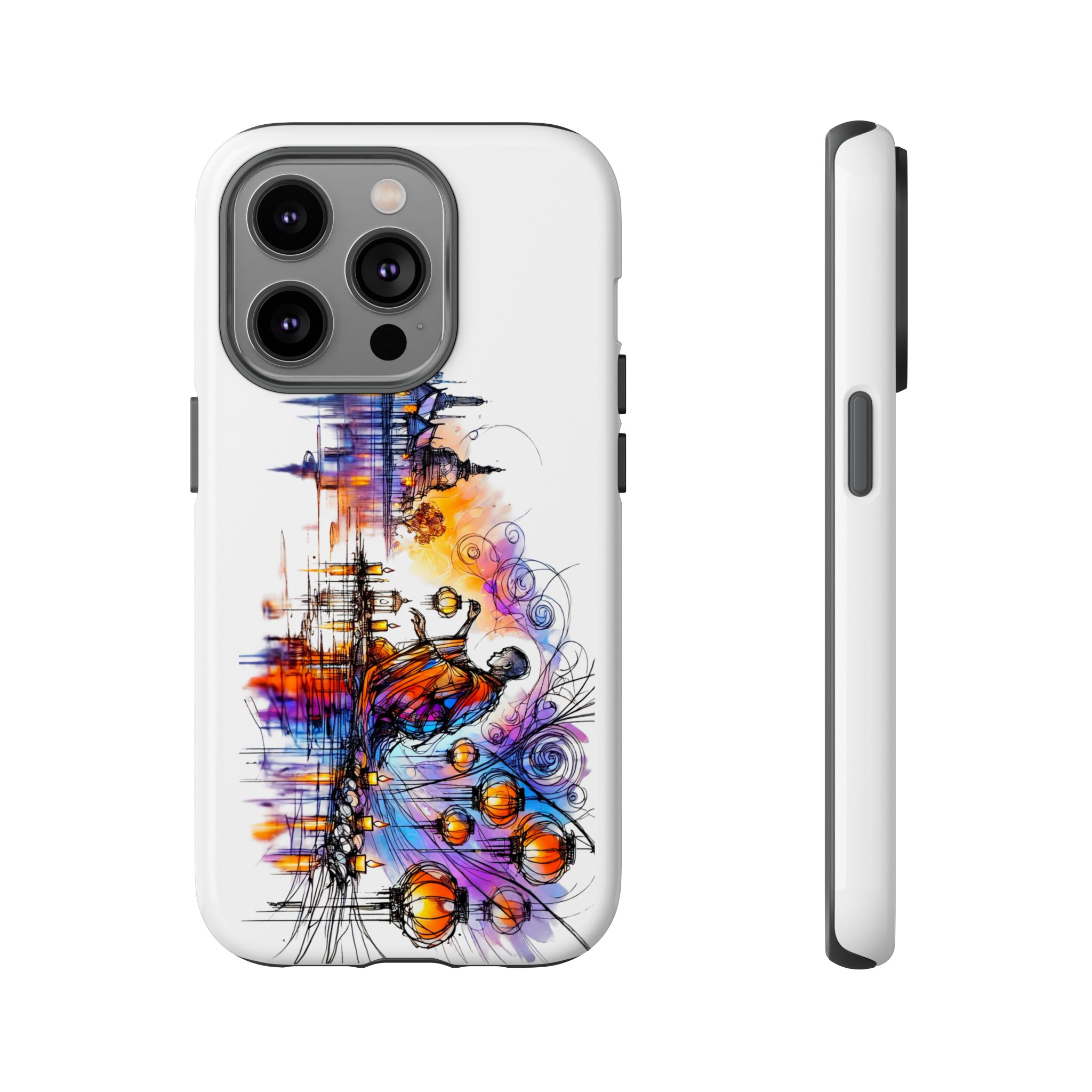 Artistic phone case design featuring colorful abstract artwork with a figure and vibrant patterns.