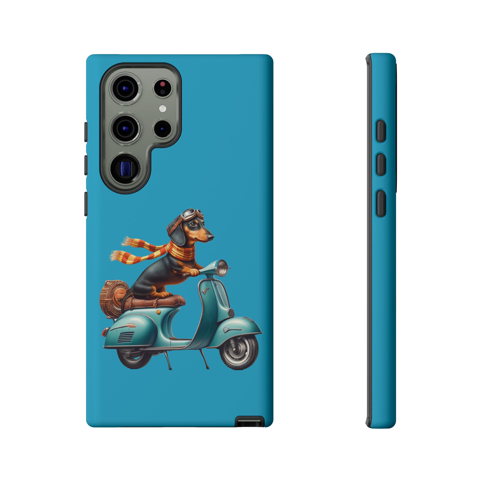 Phone case featuring a dachshund wearing goggles and a scarf riding a vintage scooter.
