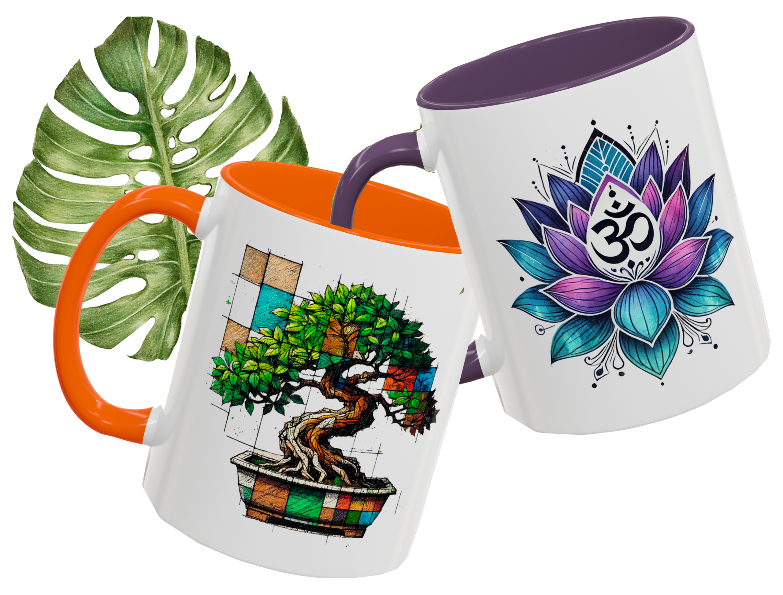 Two colorful mugs featuring a bonsai tree and a lotus flower design against a dark background.